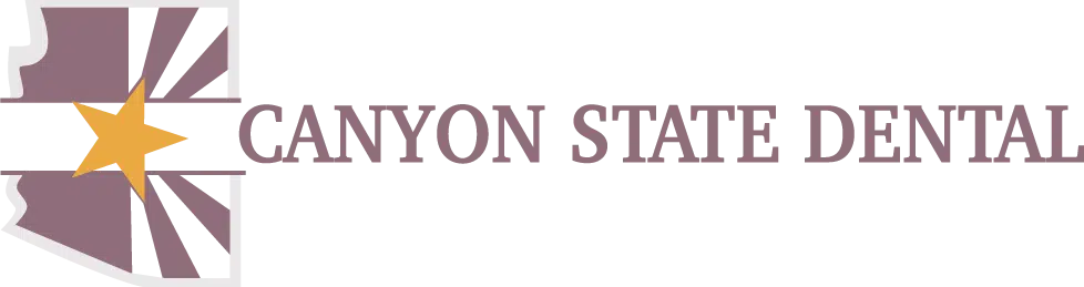 Canyon State Dental logo featuring purple geometric design and yellow sun symbol with text